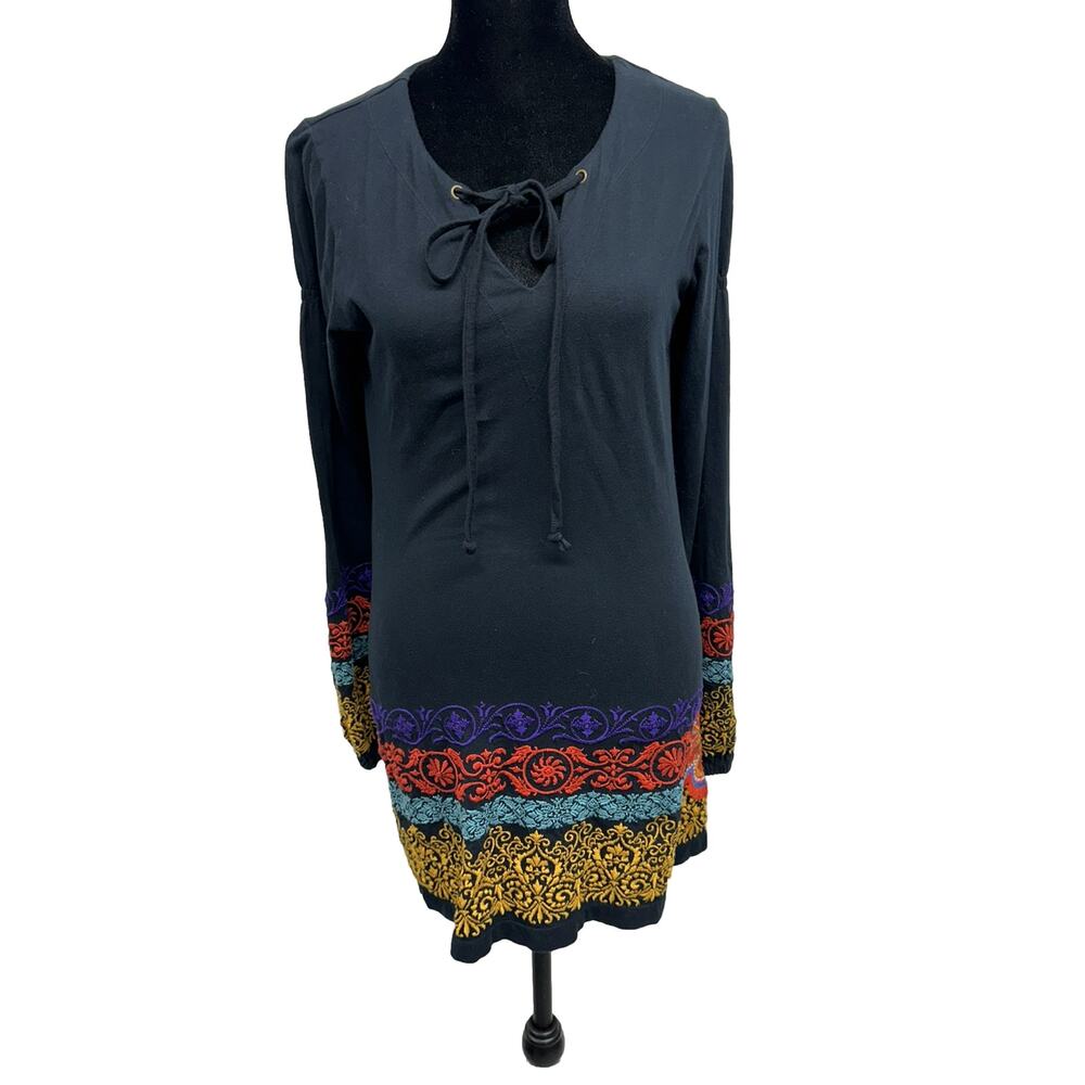 Johnny Was Womens Medium Navy Blue Embroidered T-shirt Tunic Dress Boho